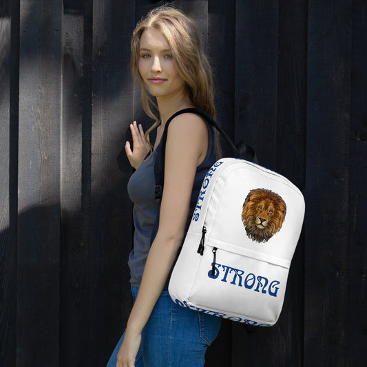 “STRONG” White Backpack W/Blue Font