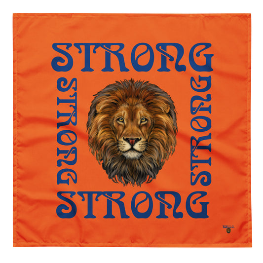 “STRONG” Orange All-Over Print Bandana W/Blue Square Font