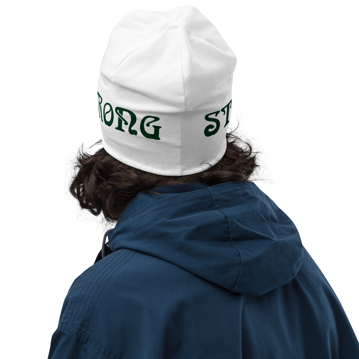 'STRONG"White Beanie W/Green Font