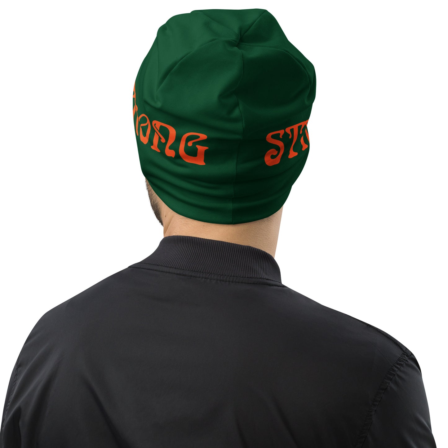 “STRONG”Green All-Over Print Beanie W/Orange Font