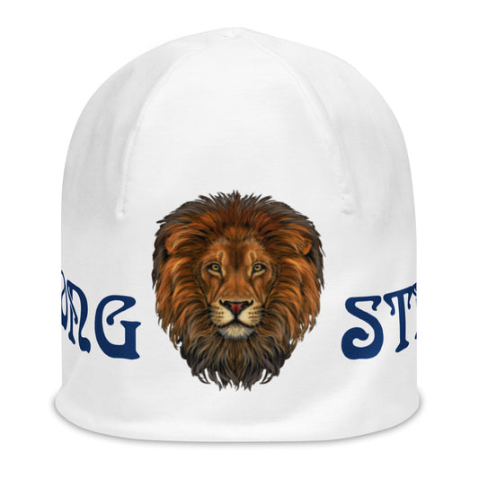 "STRONG"White Beanie W/Navy Blue Font