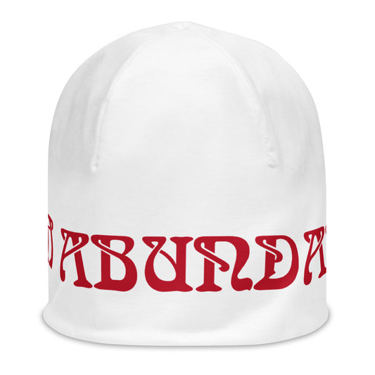 “I’AM ABUNDANCE!”White All-Over Print Beanie W/Red Font