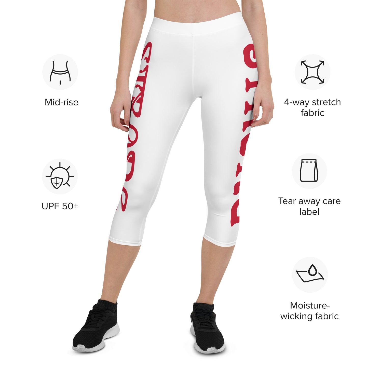 “STRONG” White Capri Leggings W/Red Font