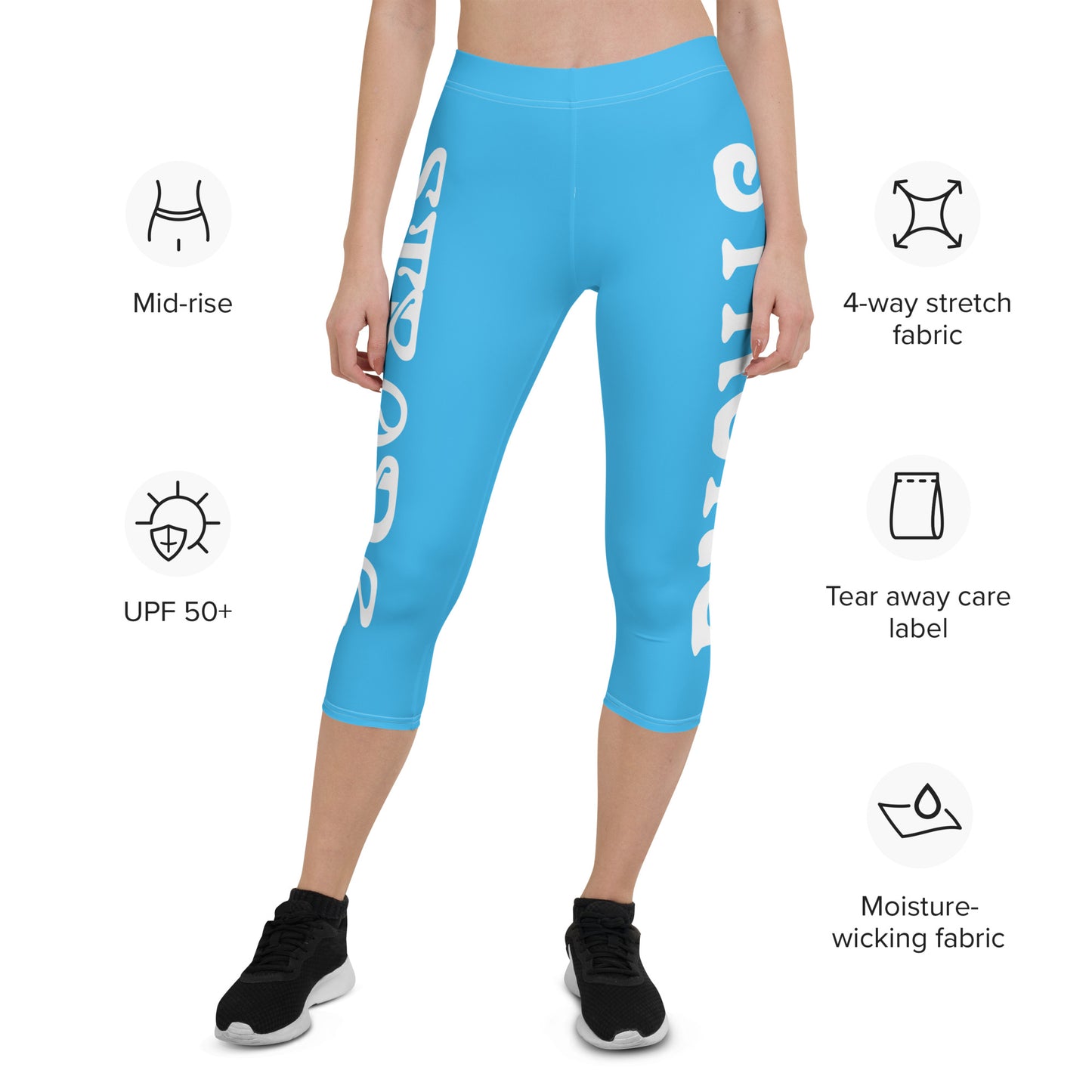 “STRONG” SkyBlue Capri Leggings W/White Font