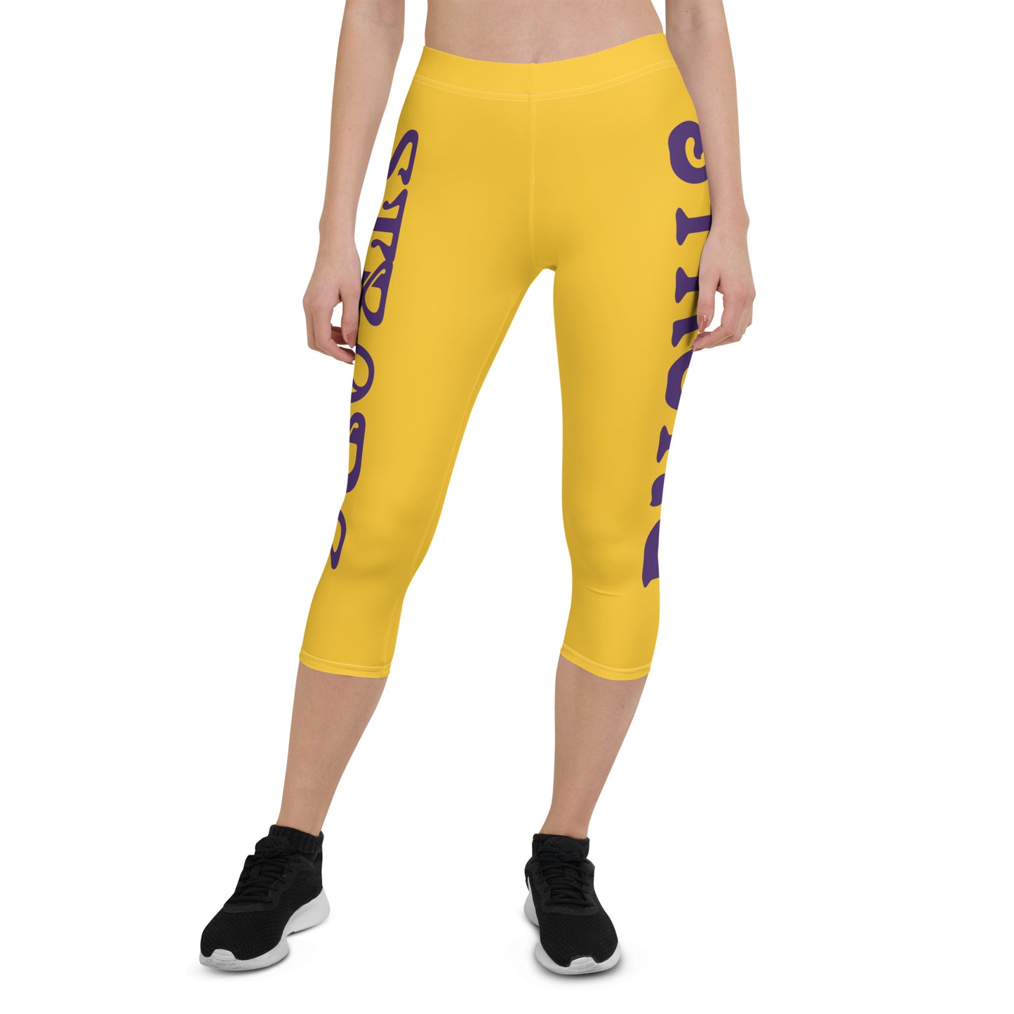 “STRONG” Yellow Capri Leggings W/Purple Font