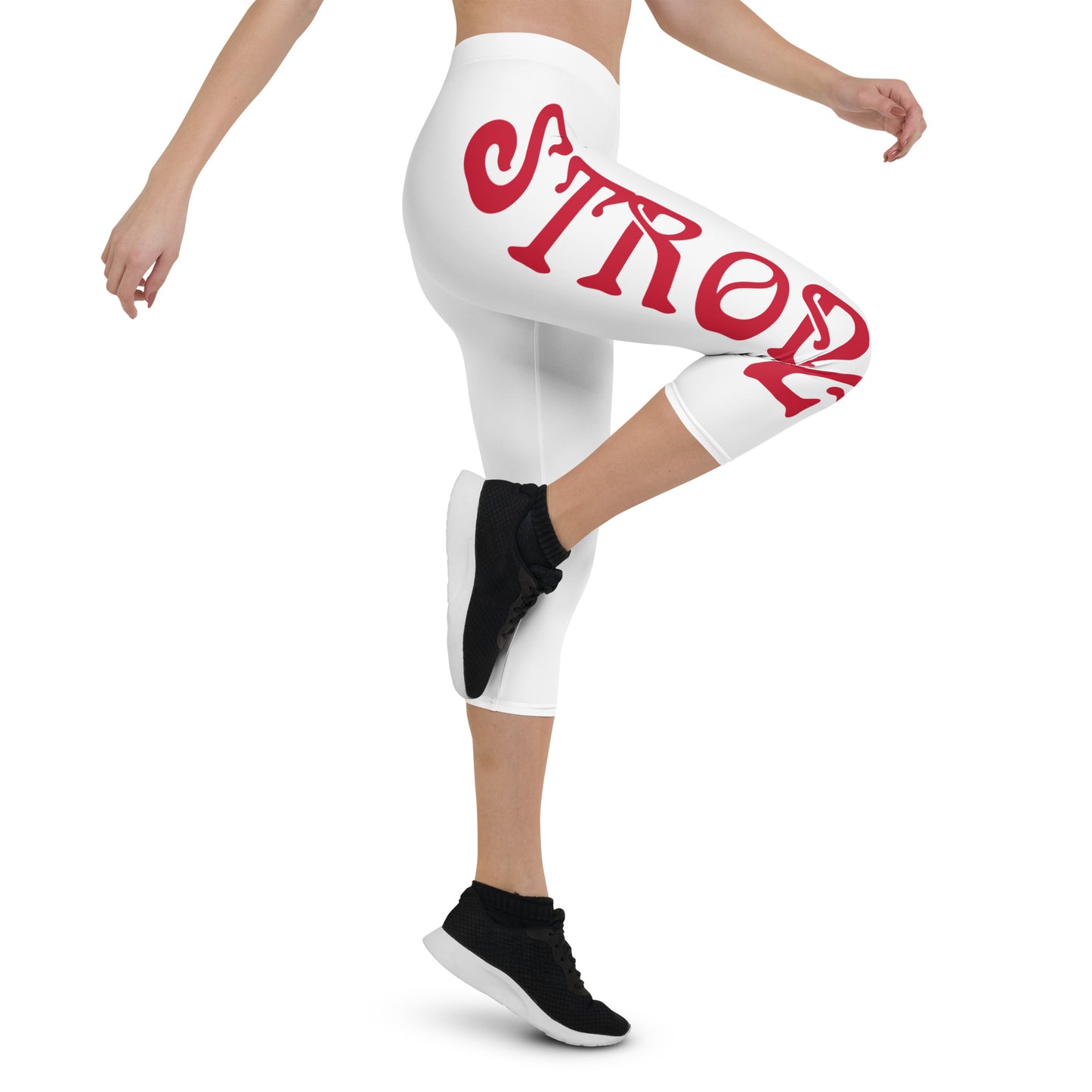 “STRONG” White Capri Leggings W/Red Font