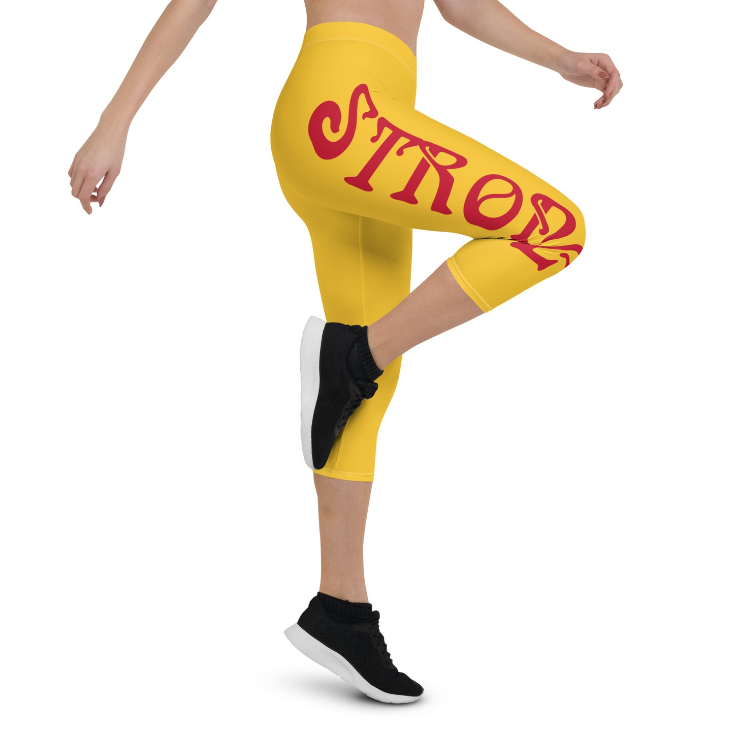 “STRONG” Yellow Capri Leggings W/Red Font