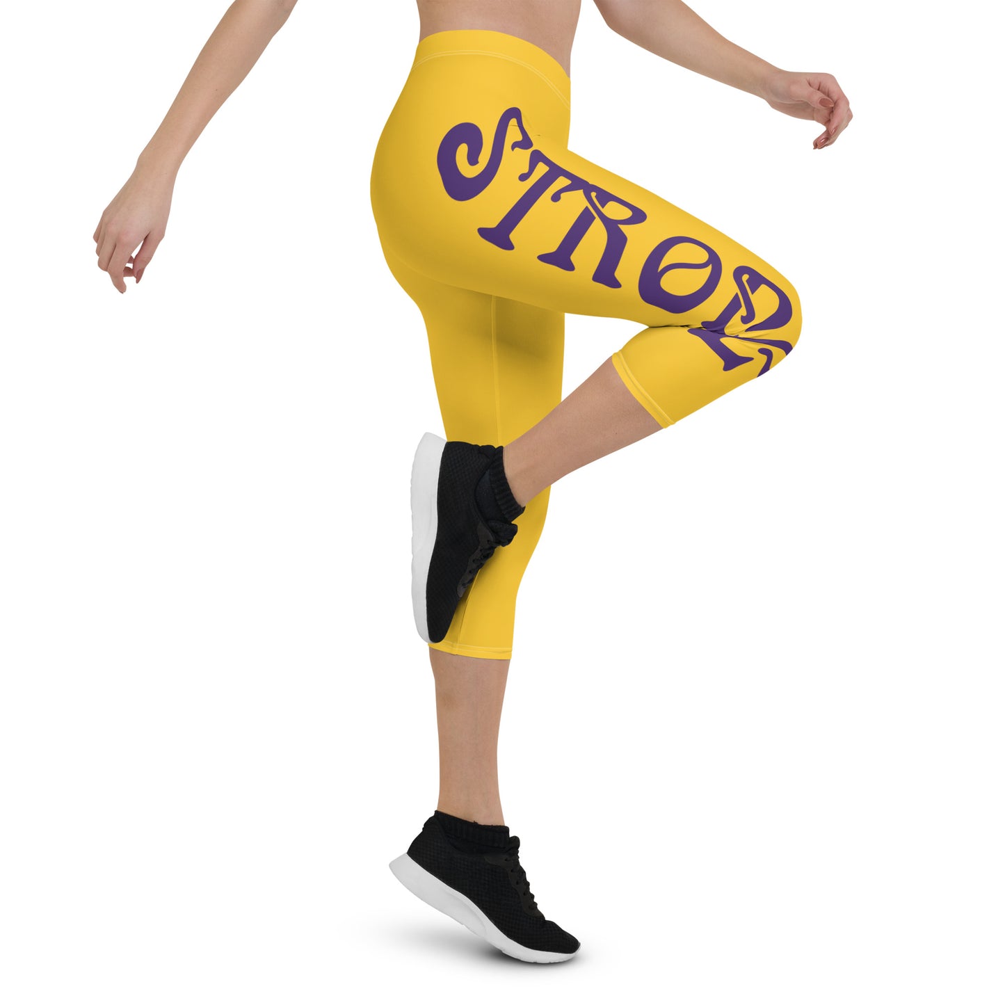 “STRONG” Yellow Capri Leggings W/Purple Font