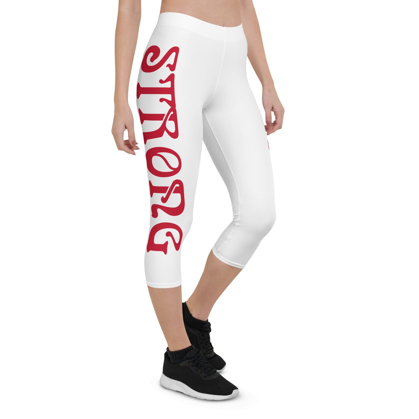 “STRONG” White Capri Leggings W/Red Font