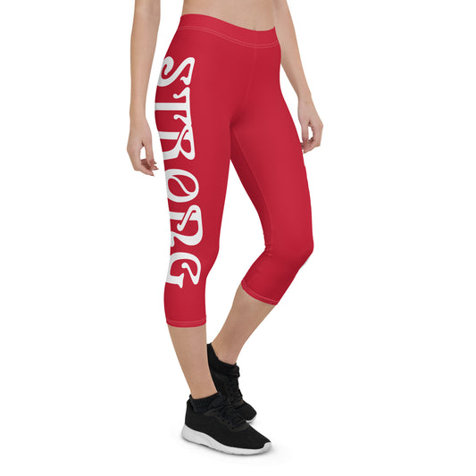 “STRONG”Red Capri Leggings W/White Font