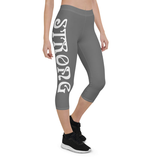 “STRONG”Grey Capri Leggings W/White Font