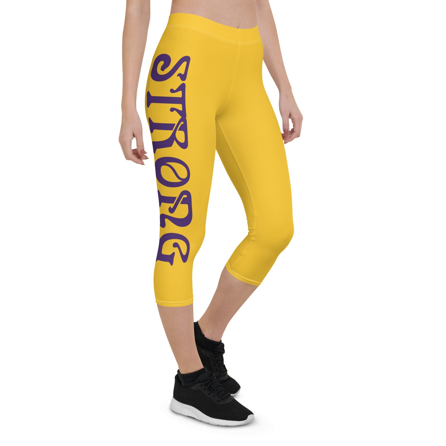 “STRONG” Yellow Capri Leggings W/Purple Font