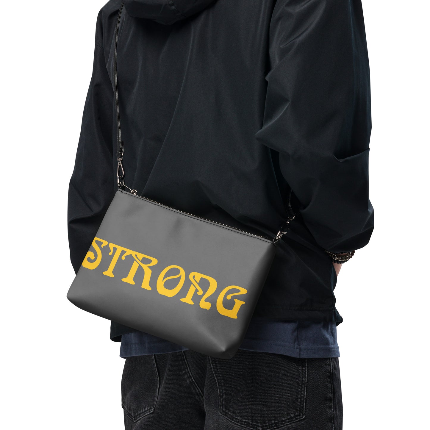 “STRONG”Grey Crossbody Bag W/Yellow Font