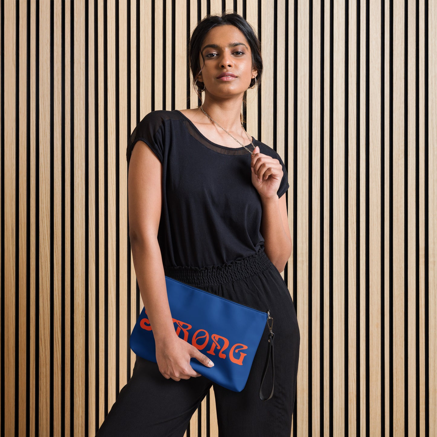 “STRONG”Blue Crossbody Bag W/Orange Font