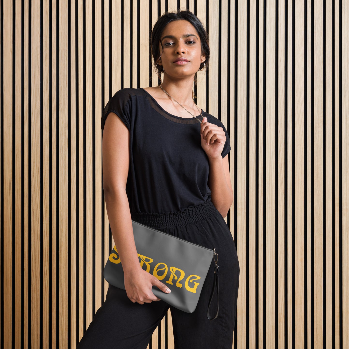 “STRONG”Grey Crossbody Bag W/Yellow Font