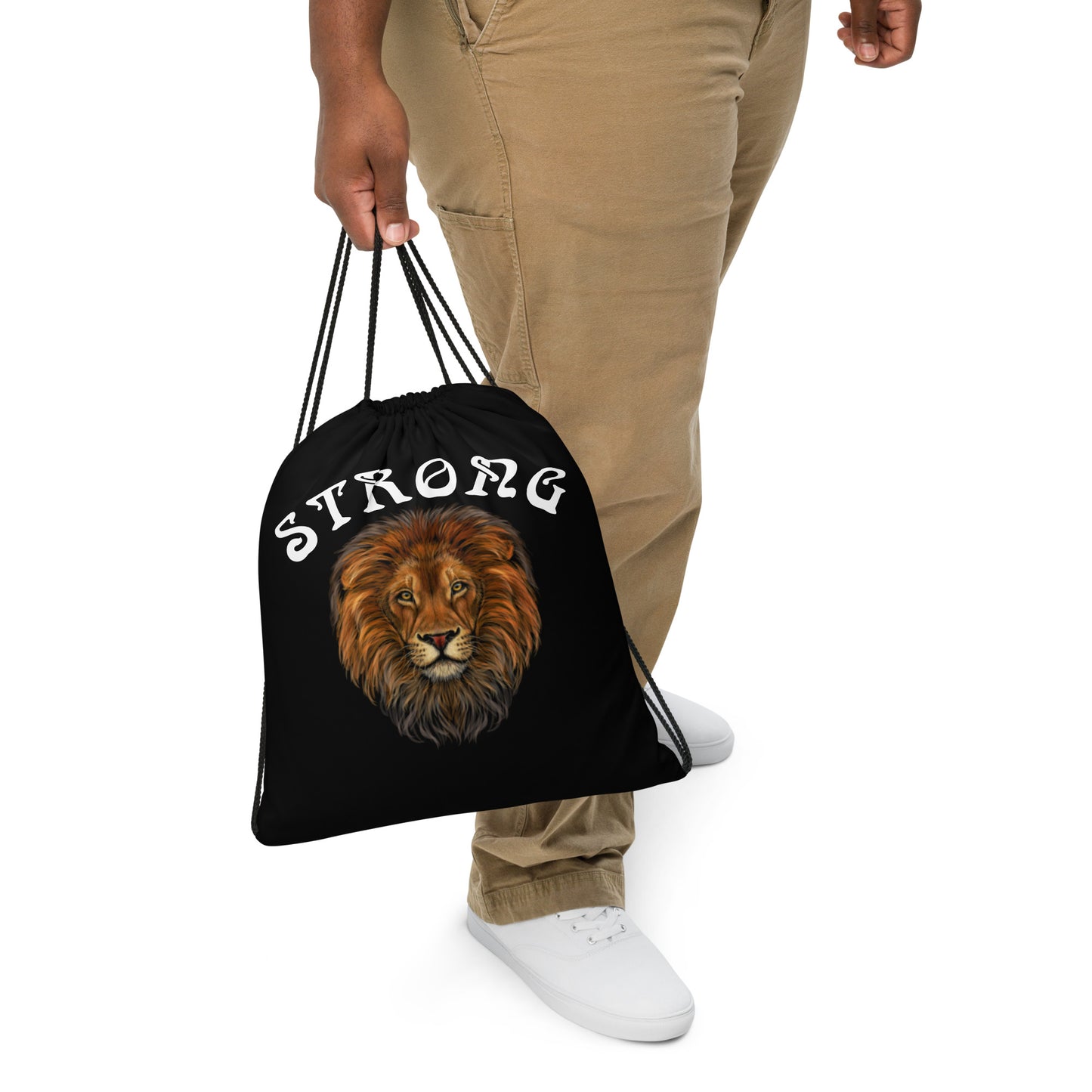 “STRONG”Black Drawstring Bag W/White Font