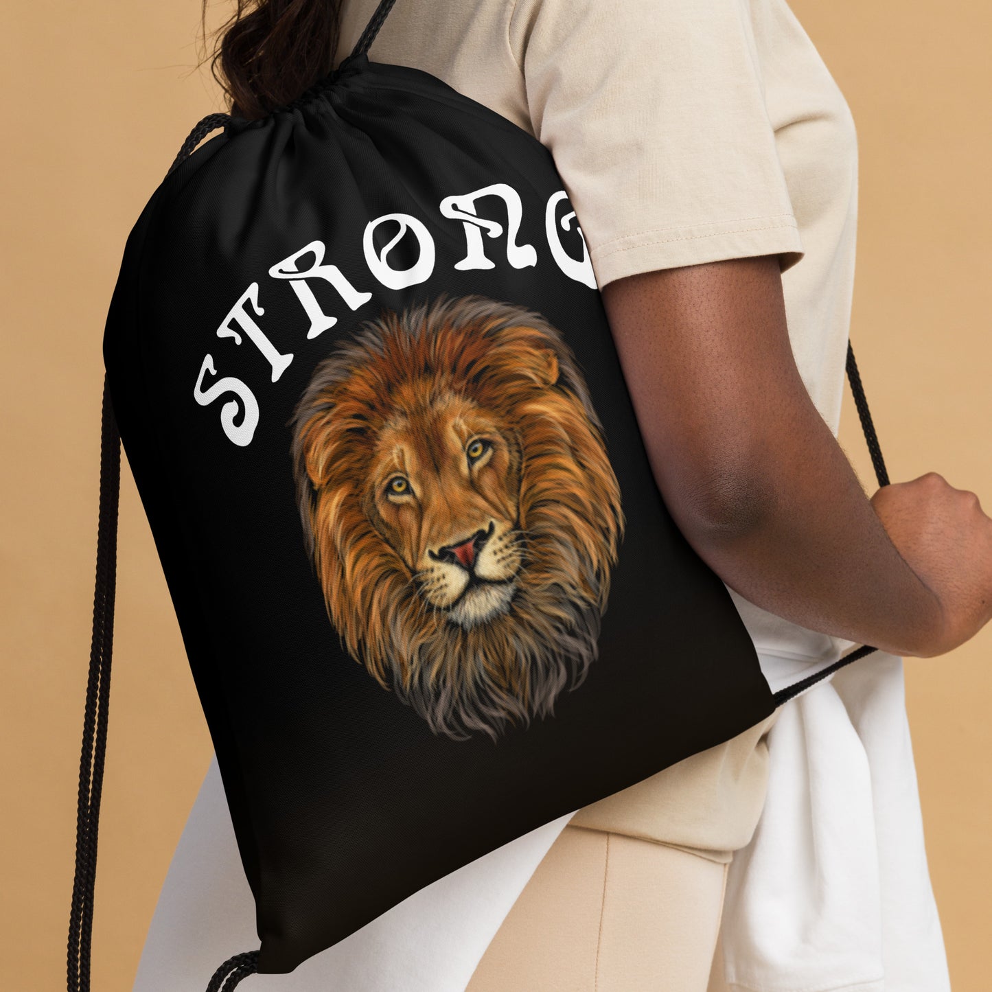 “STRONG”Black Drawstring Bag W/White Font