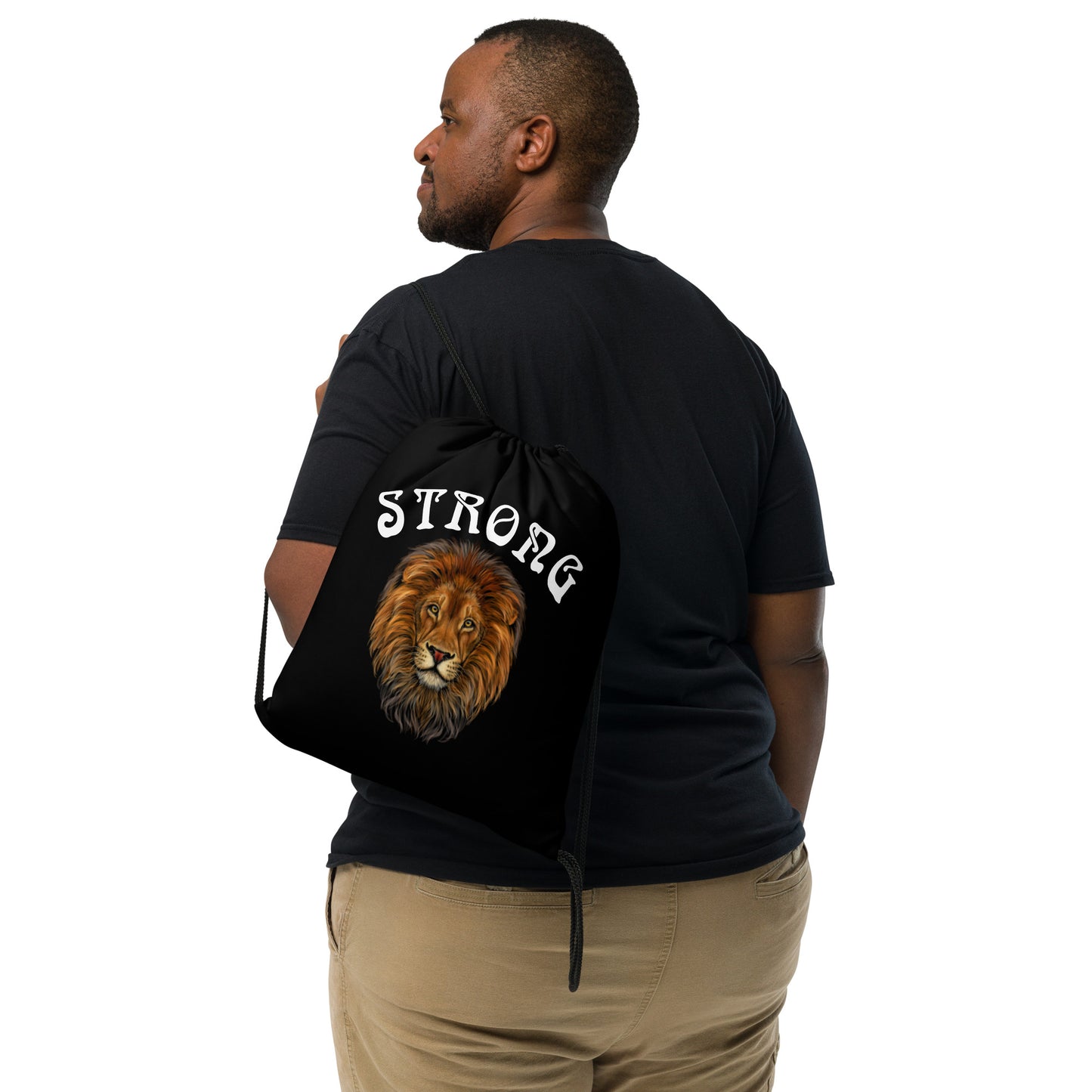 “STRONG”Black Drawstring Bag W/White Font