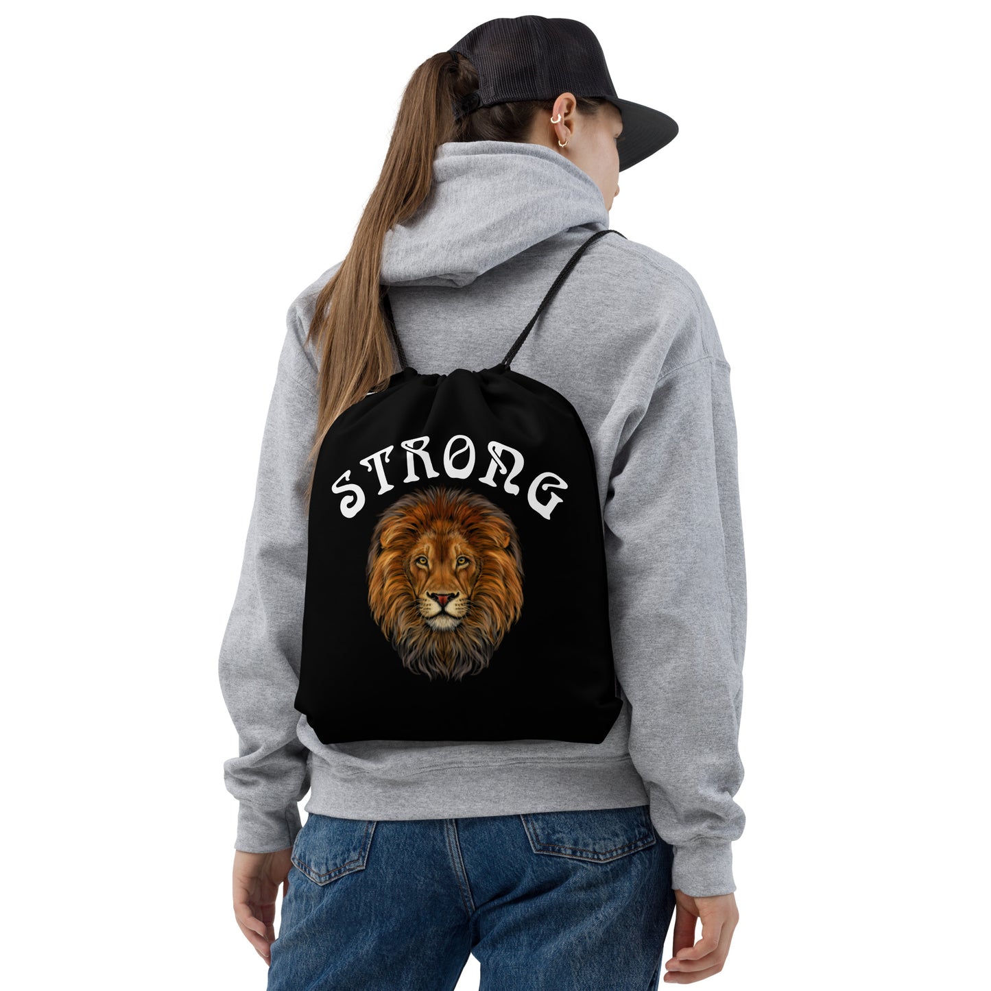 “STRONG”Black Drawstring Bag W/White Font