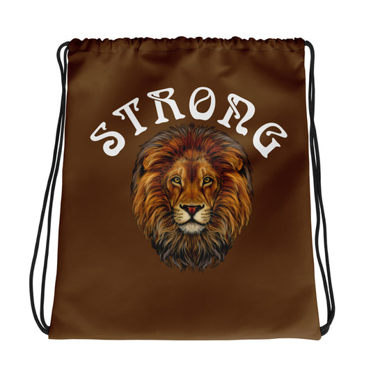 “STRONG”Brown Drawstring Bag W/White Font