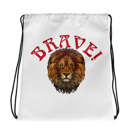 “BRAVE!”White Drawstring Bag W/Red Font
