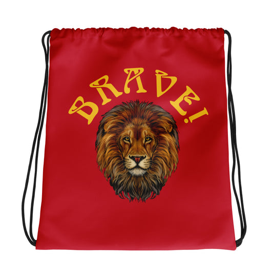 “BRAVE!”Red Drawstring Bag W/Yellow Font