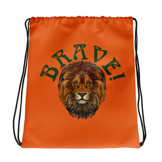 “BRAVE!”Orange Drawstring Bag W/Green Font