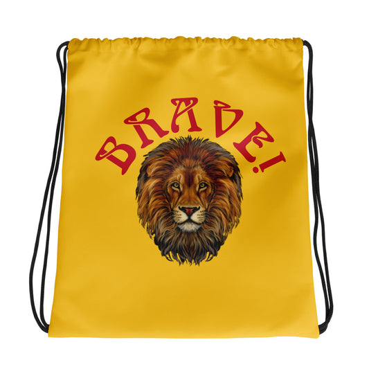 “BRAVE!”Yellow Drawstring Bag W/Red Font