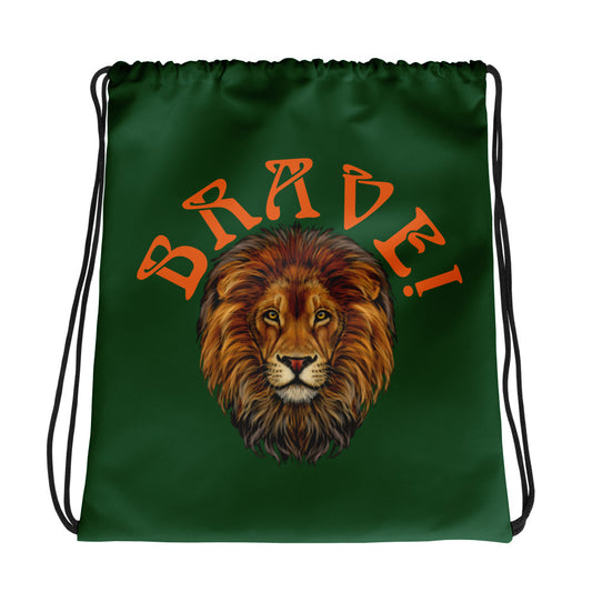 “BRAVE!”Green Drawstring Bag W/Orange Font