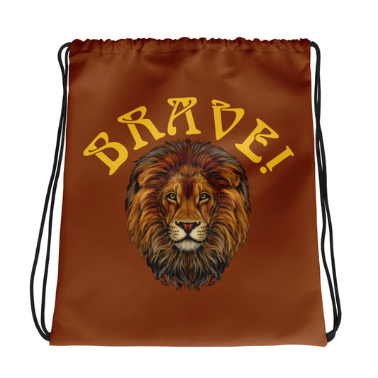 “BRAVE!”Brown Drawstring Bag W/Yellow Font