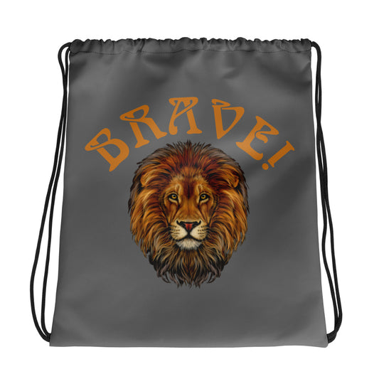 “BRAVE!”Grey Drawstring Bag W/Bronze Font