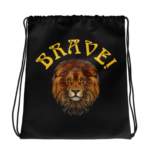 “BRAVE!”Black Drawstring Bag W/Yellow Font