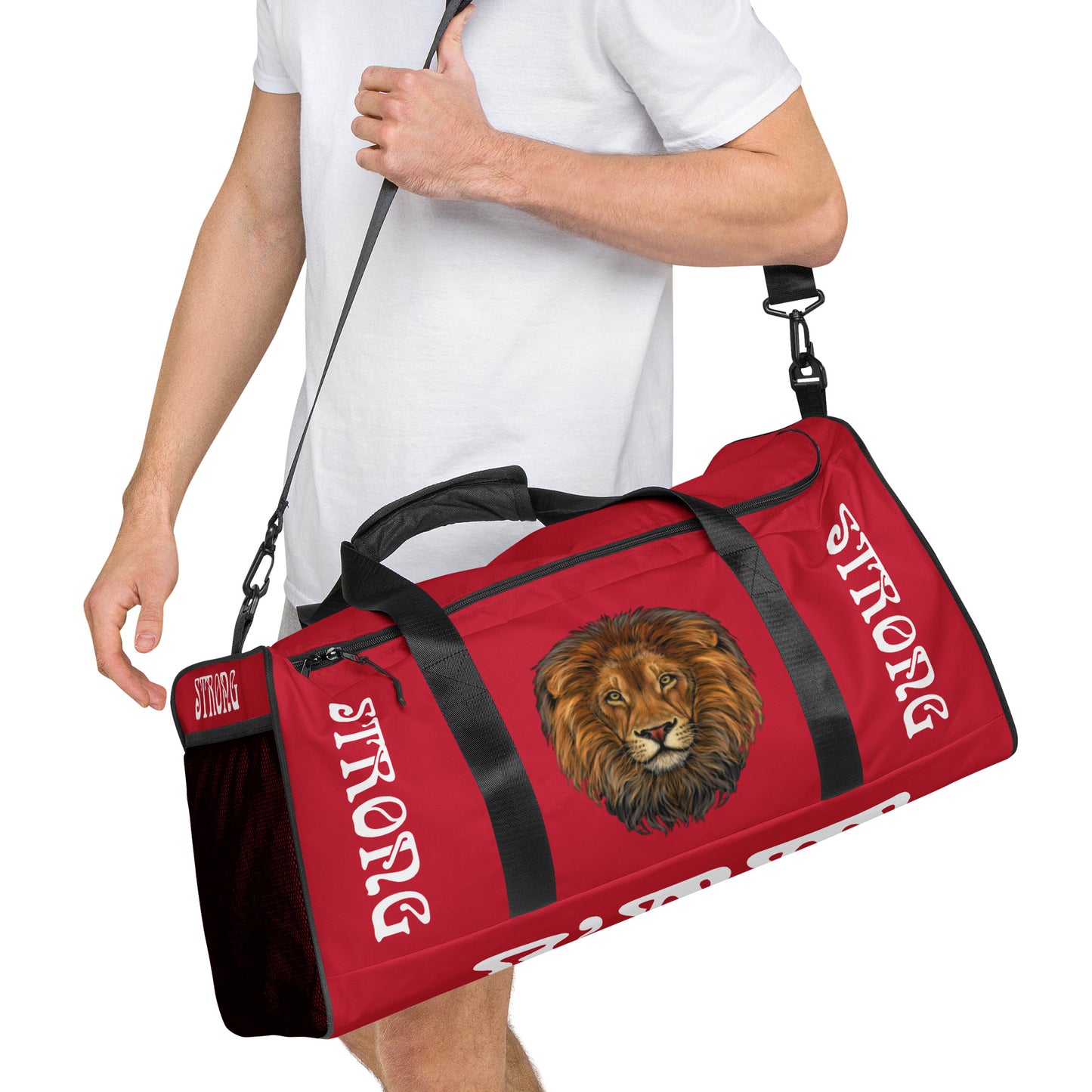 “STRONG”Red Duffle Bag W/White Font