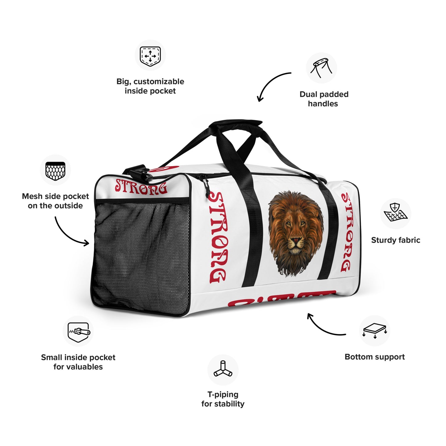 “STRONG”White Duffle Bag W/Red Font