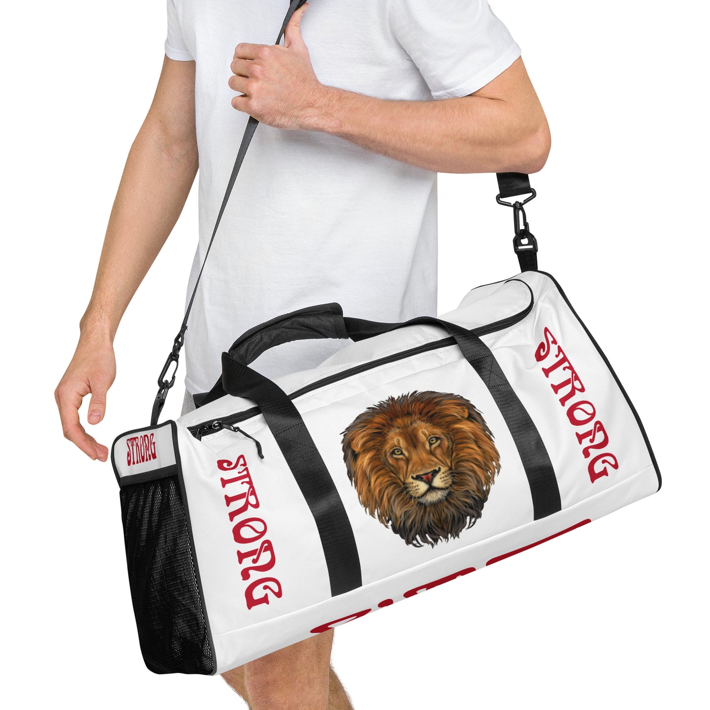 “STRONG”White Duffle Bag W/Red Font