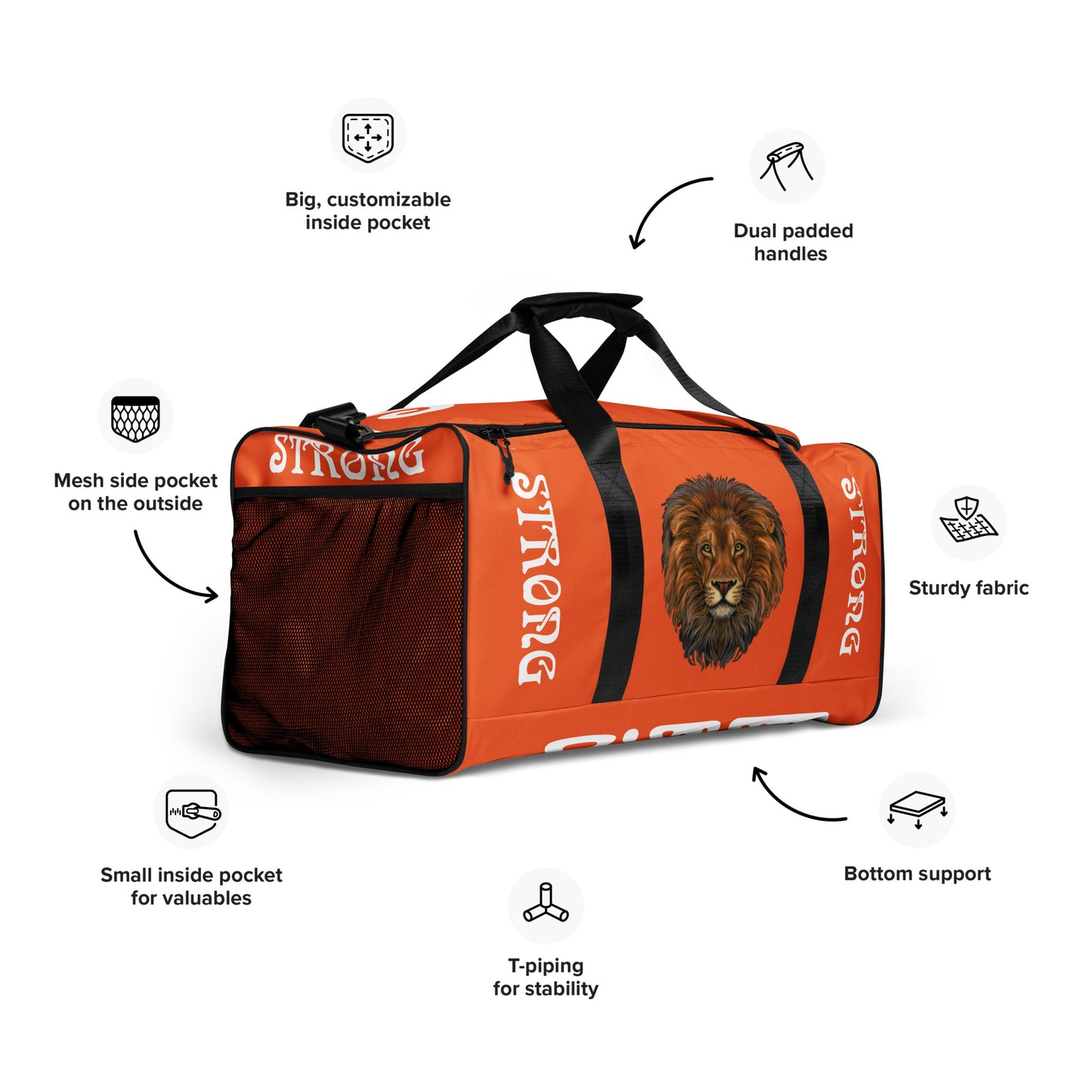 “STRONG”Orange Duffle Bag W/White Font