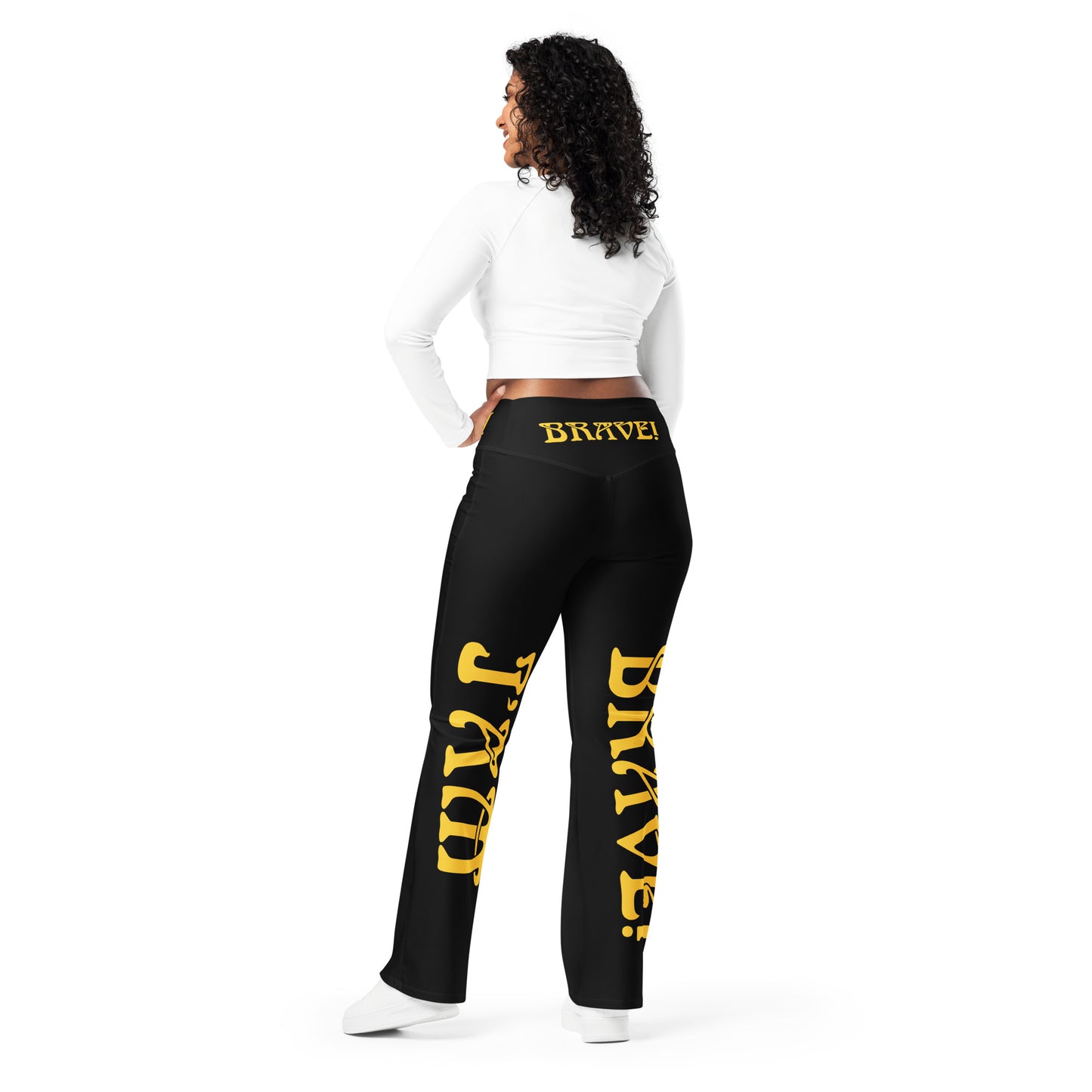 “I’AM BRAVE!” Black Flare Leggings W/Yellow Font