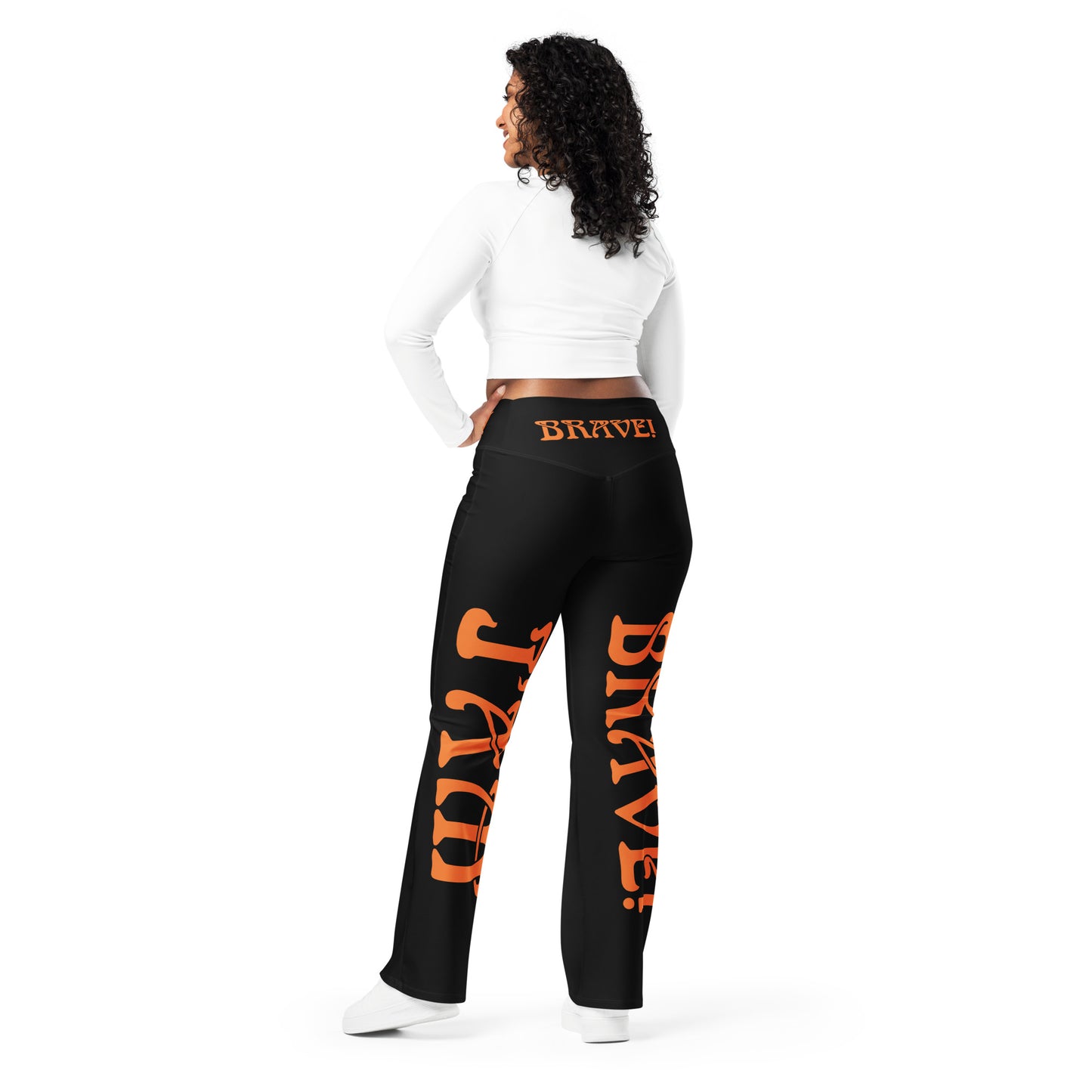 “I’AM BRAVE!” Black Flare Leggings W/Orange Font