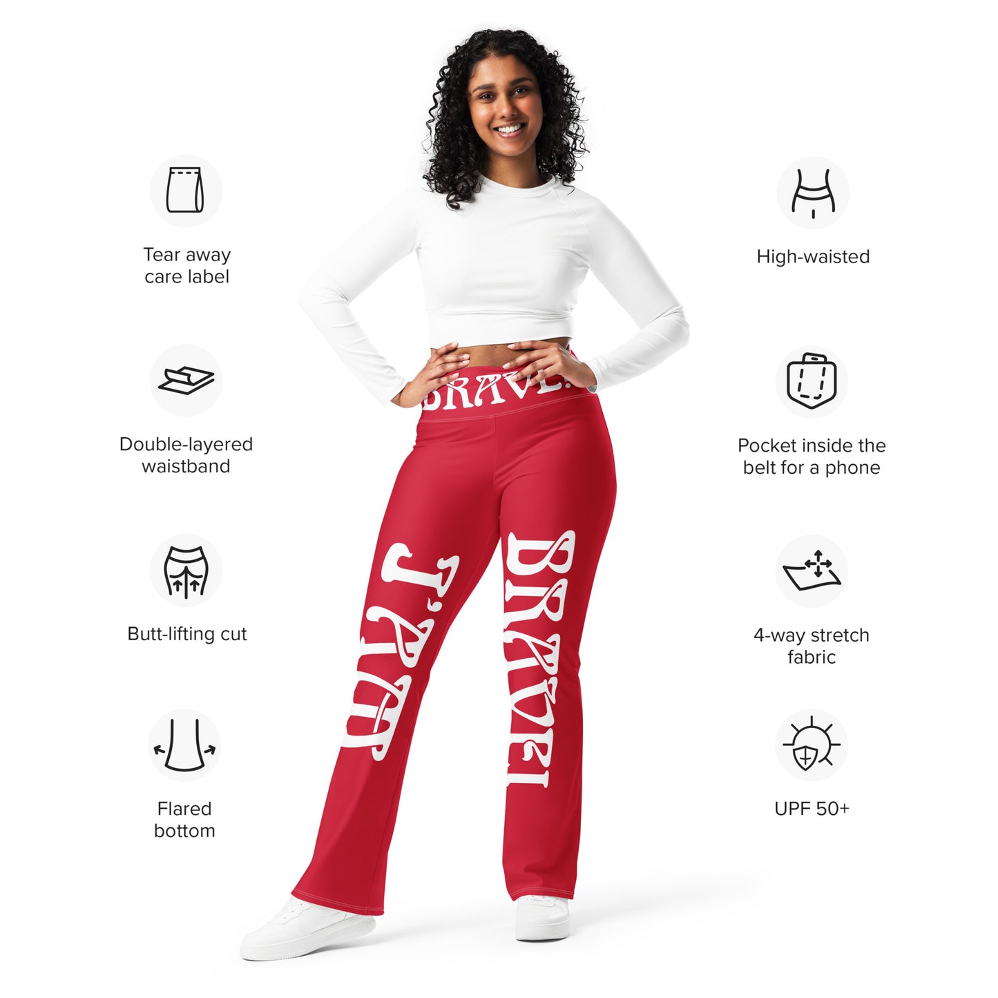 “I’AM BRAVE!” Red Flare Leggings W/White Font