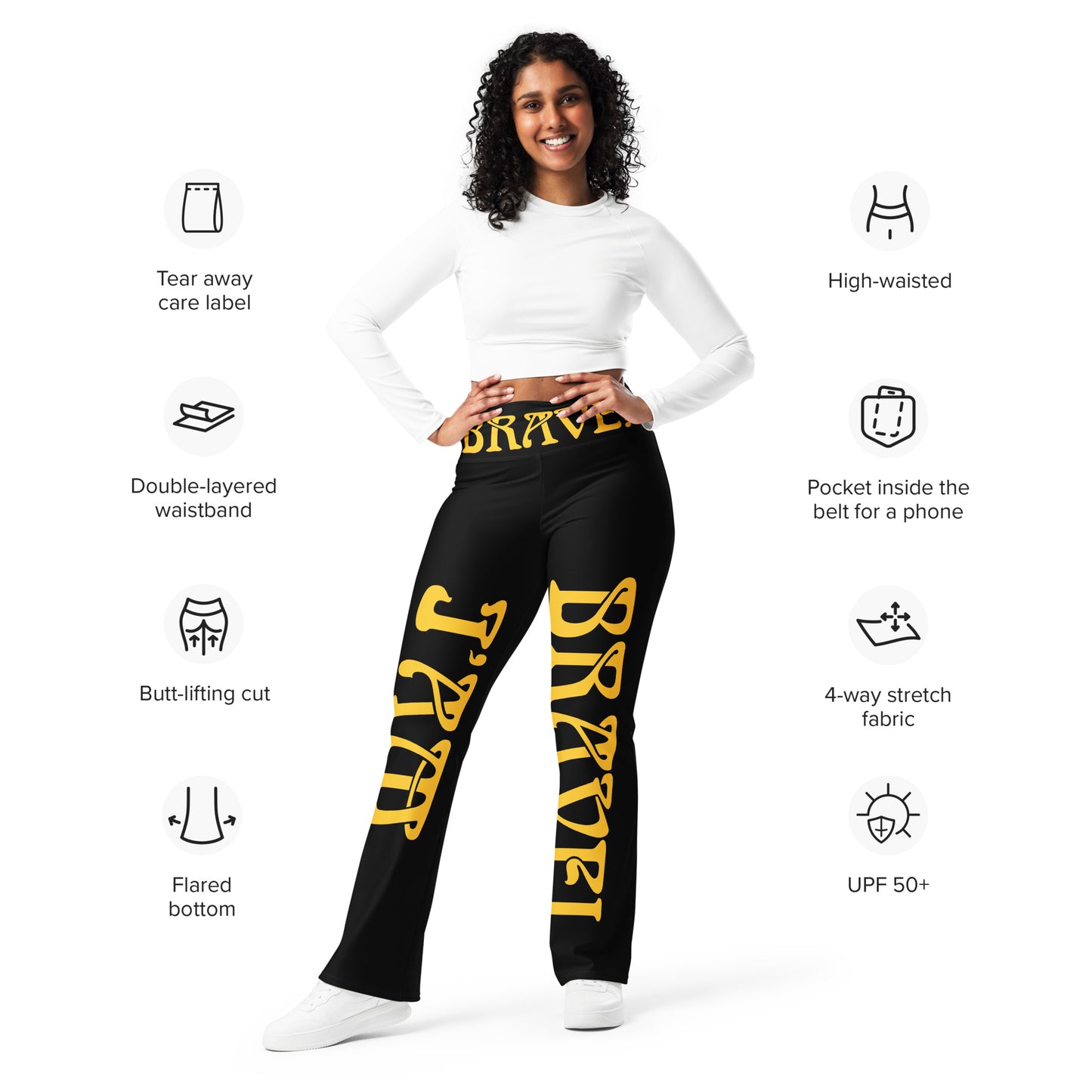 “I’AM BRAVE!” Black Flare Leggings W/Yellow Font