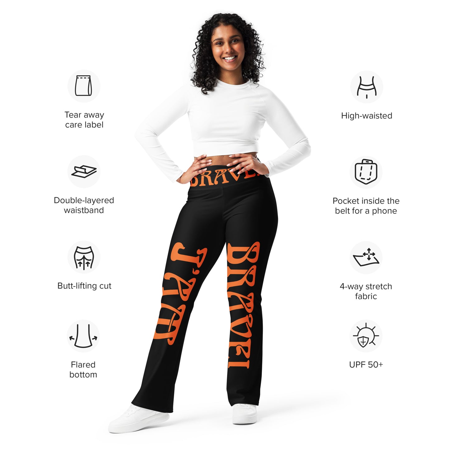 “I’AM BRAVE!” Black Flare Leggings W/Orange Font