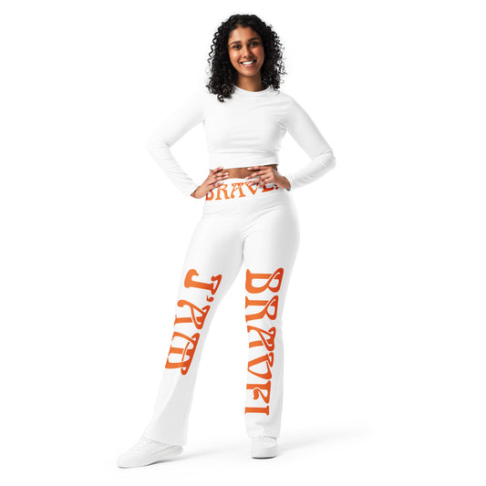 “I’AM BRAVE!” White Flare Leggings W/Orange Font