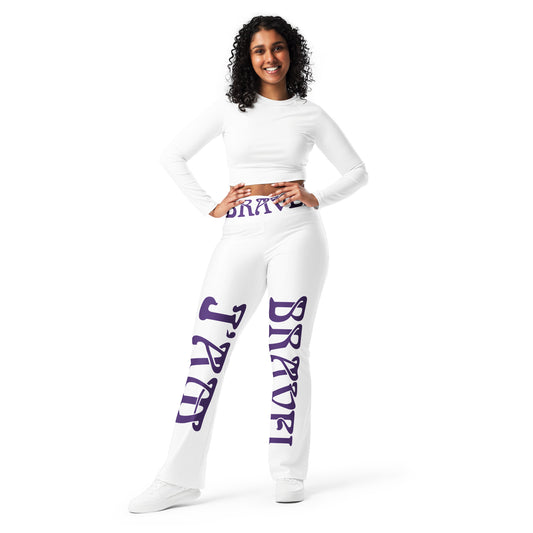 “I’AM BRAVE!” White Flare Leggings W/Purple Font