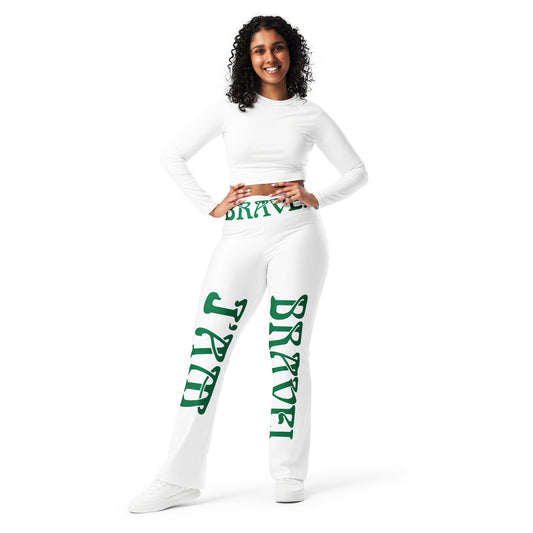 “I’AM BRAVE!” White Flare Leggings W/Green Font