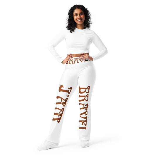 “I’AM BRAVE!”White Flare Leggings W/Brown Font
