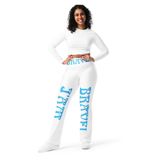 “I’AM BRAVE!” White Flare Leggings W/SkyBlue Font