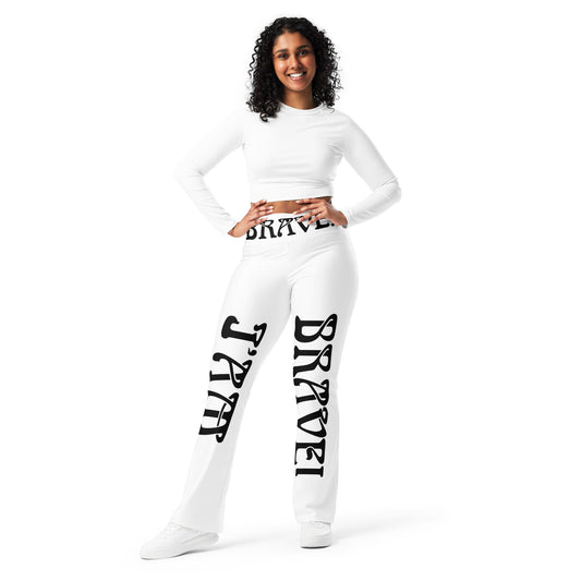 “I’AM BRAVE!” White Flare Leggings W/Black Font