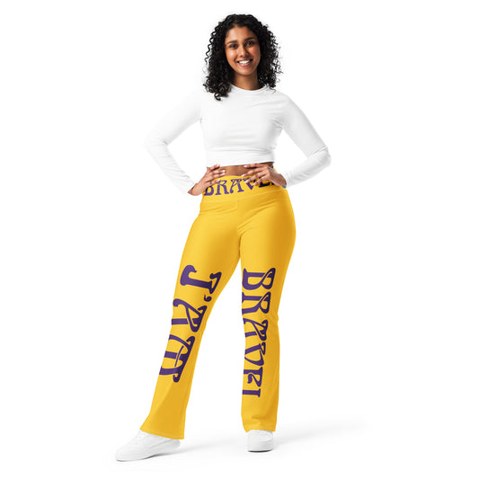 “I’AM BRAVE!” Yellow Flare Leggings W/Purple Font