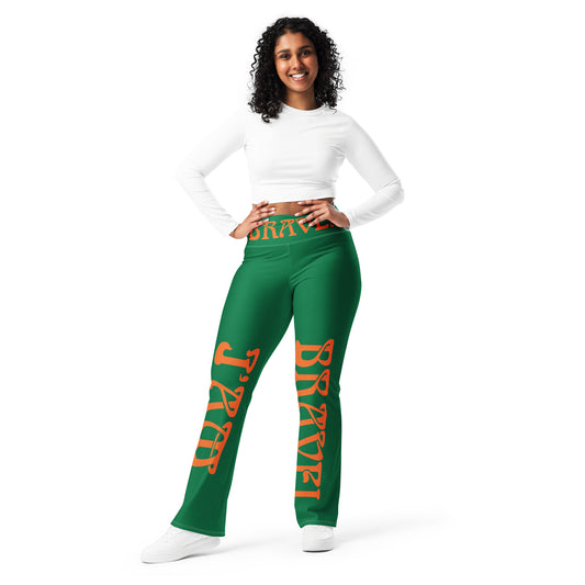 “I’AM BRAVE!” Green Flare Leggings W/Orange Font