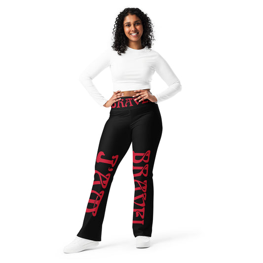 “I’AM BRAVE!” Black Flare Leggings W/Red Font